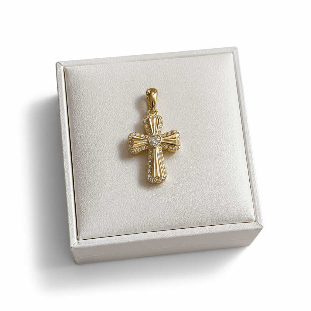 Gold Diamond Heart Cross Pendant