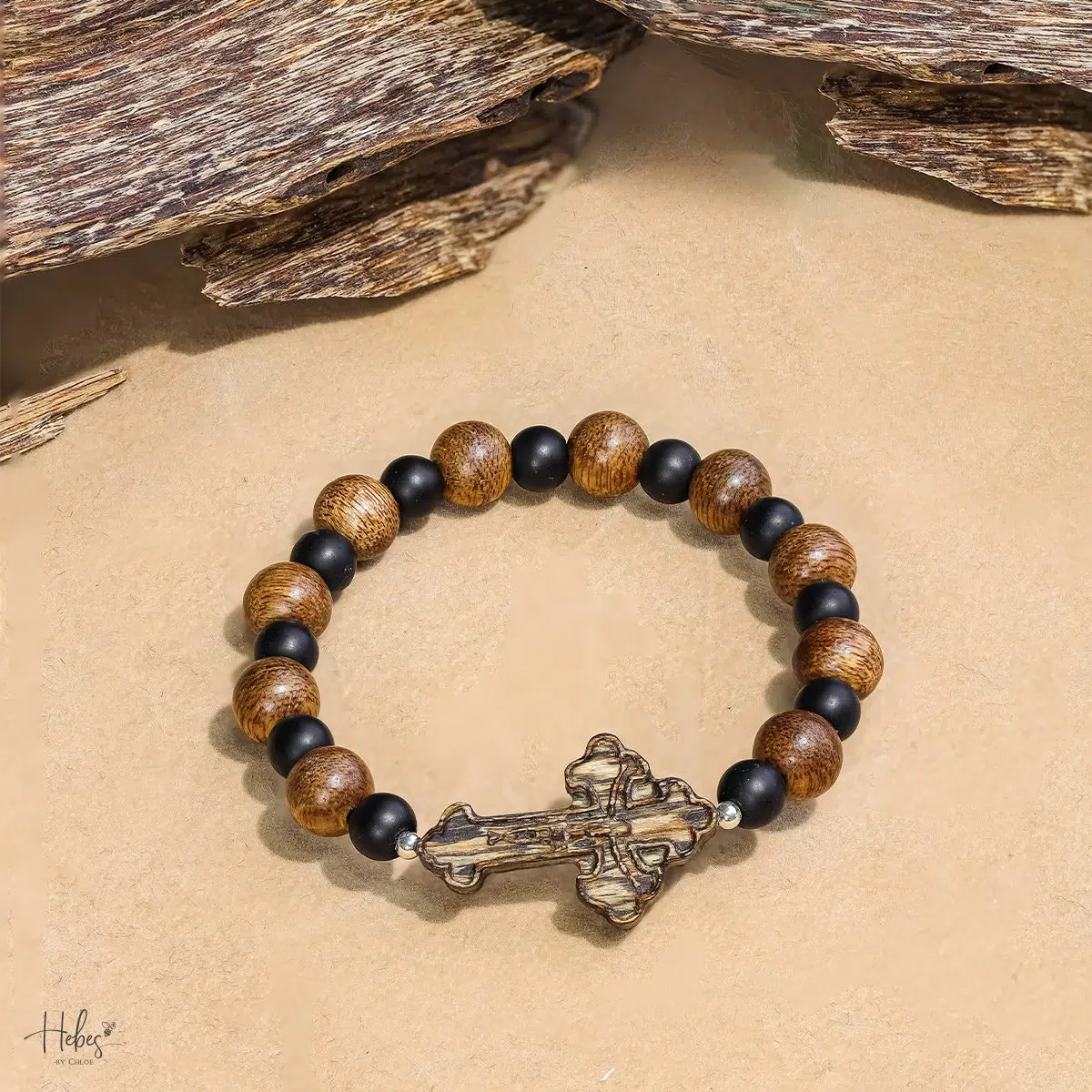 Vietnamese Agarwood Black Onyx Cross Charm Bracelet HC2807